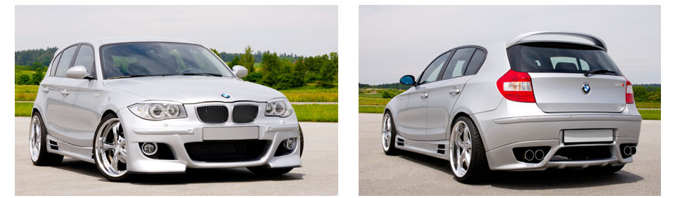 Front and Rear Perspectives on Rieger's Tuning Kit for the BMW Series 1 E 87