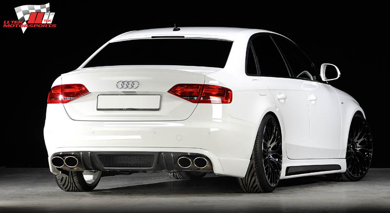 Image of modified Audi A4 B8 featuring rear valence, exhaust, roof spoiler and trunk spoiler